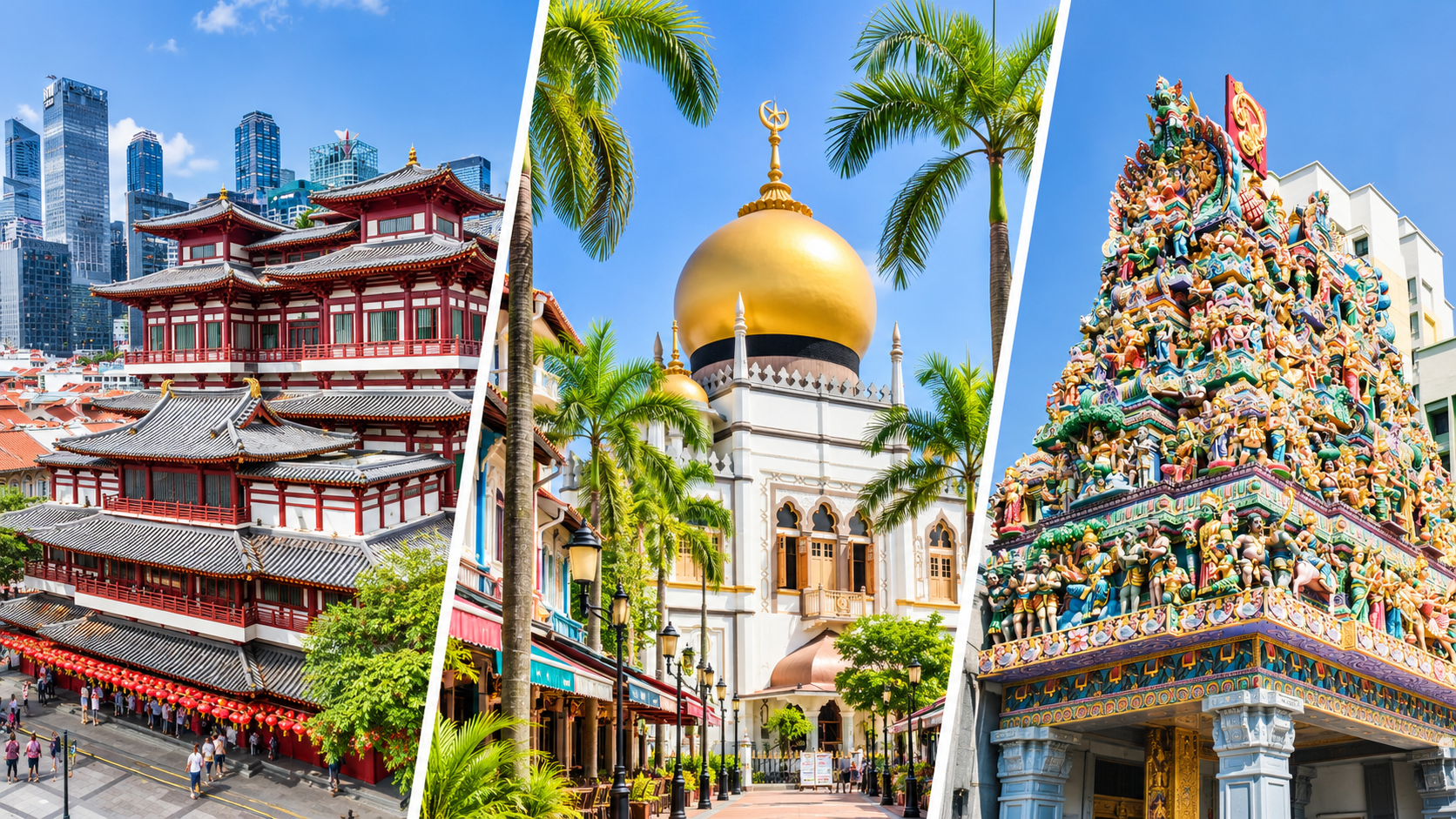 Illustrated collage of Buddha Tooth Relic Temple, Sultan Mosque and Sri Veeramakaliamman Temple in Singapore